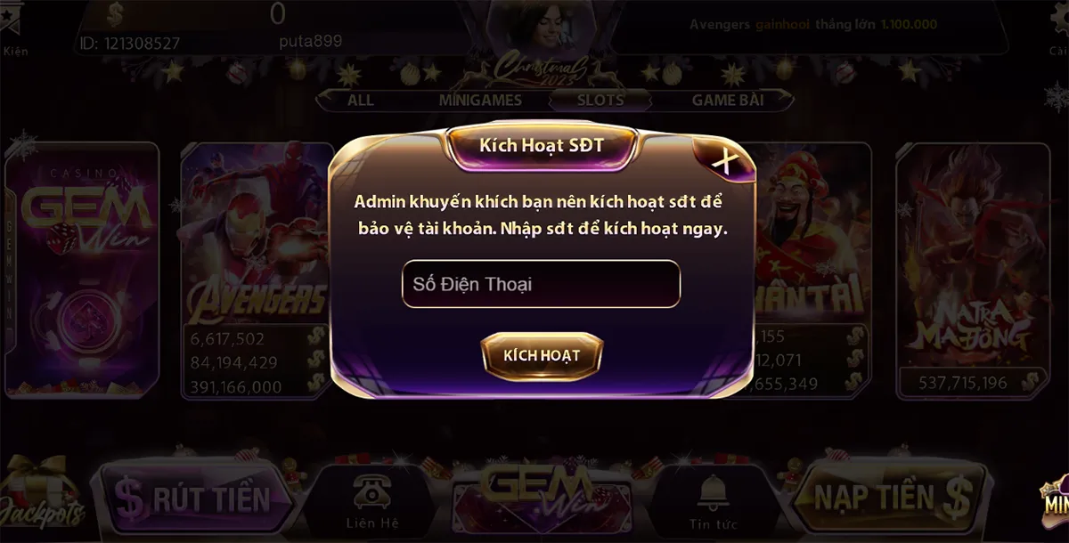 Kích hoạt số điện thoại của tài khoản đăng nhập 