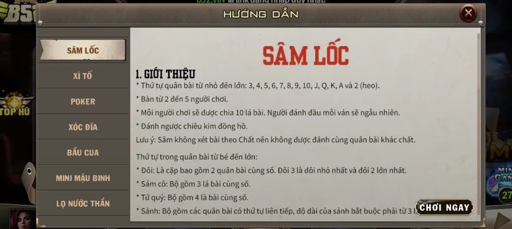 Tìm hiểu luật chơi tựa game bài đình đám Sâm tại B52